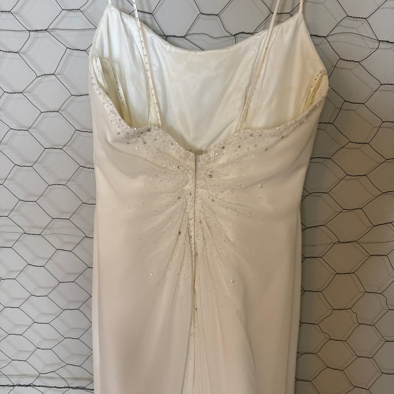 Galina for David’s Bridal Ivory Beaded Chiffon Cowl Neck Wedding Dress Style GV8