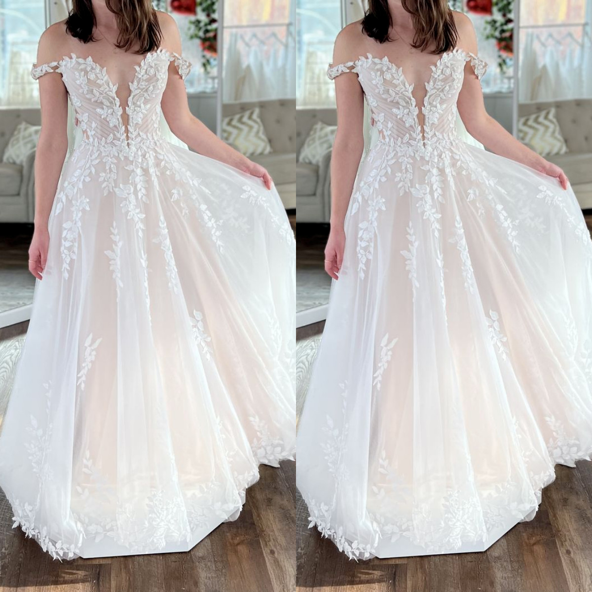 Deep V Neck Wedding Dresses Off Shoulder Blush Pink Lace up Tulle Bridal Gowns