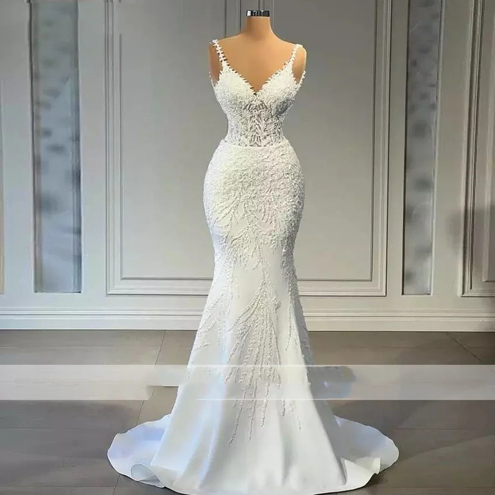 Customized V Neck Mermaid Lace Wedding Dresses Sleeveless Illusion Beaded Satin