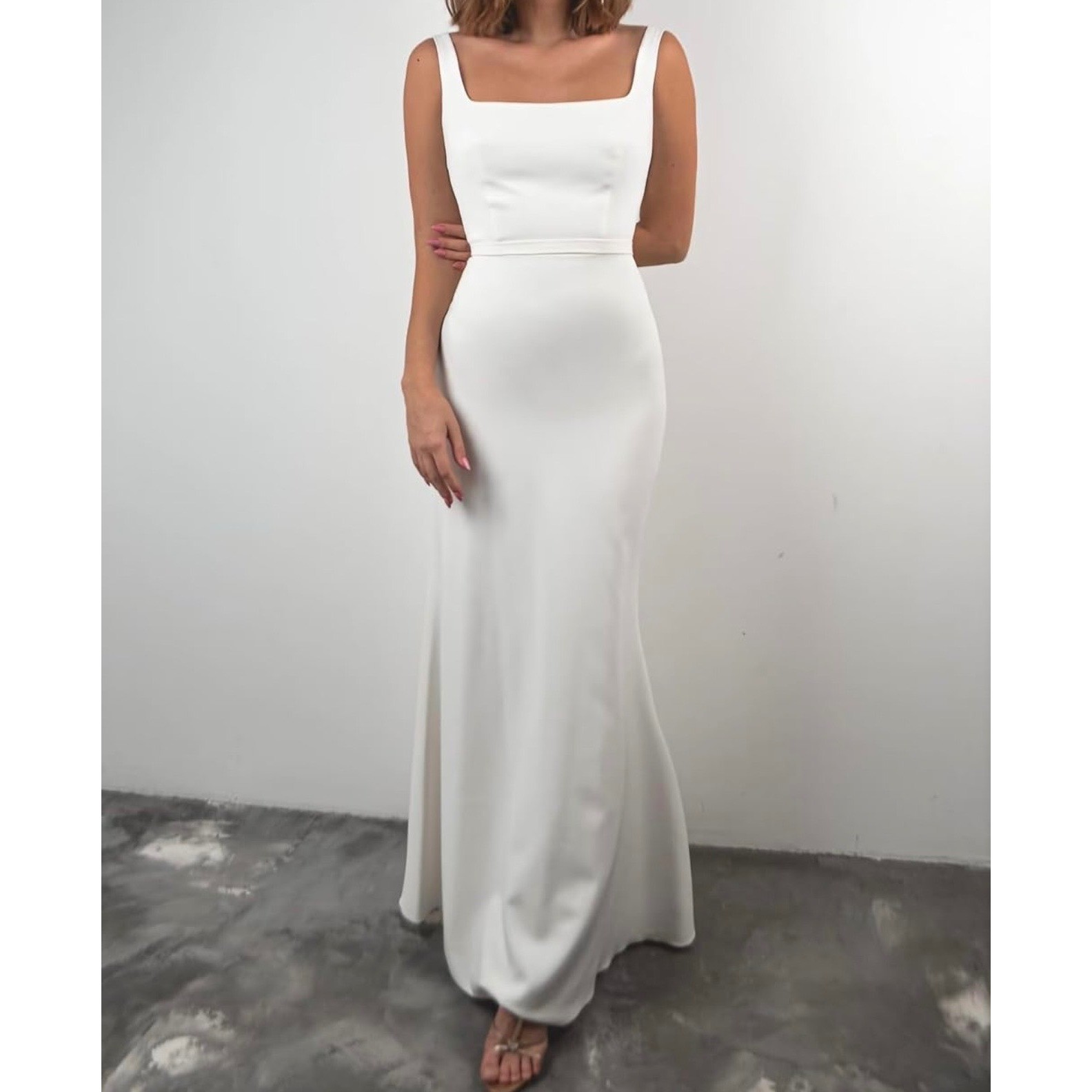 White Square Neck Sleeveless Mermaid Maxi Formal Gown Wedding Dress