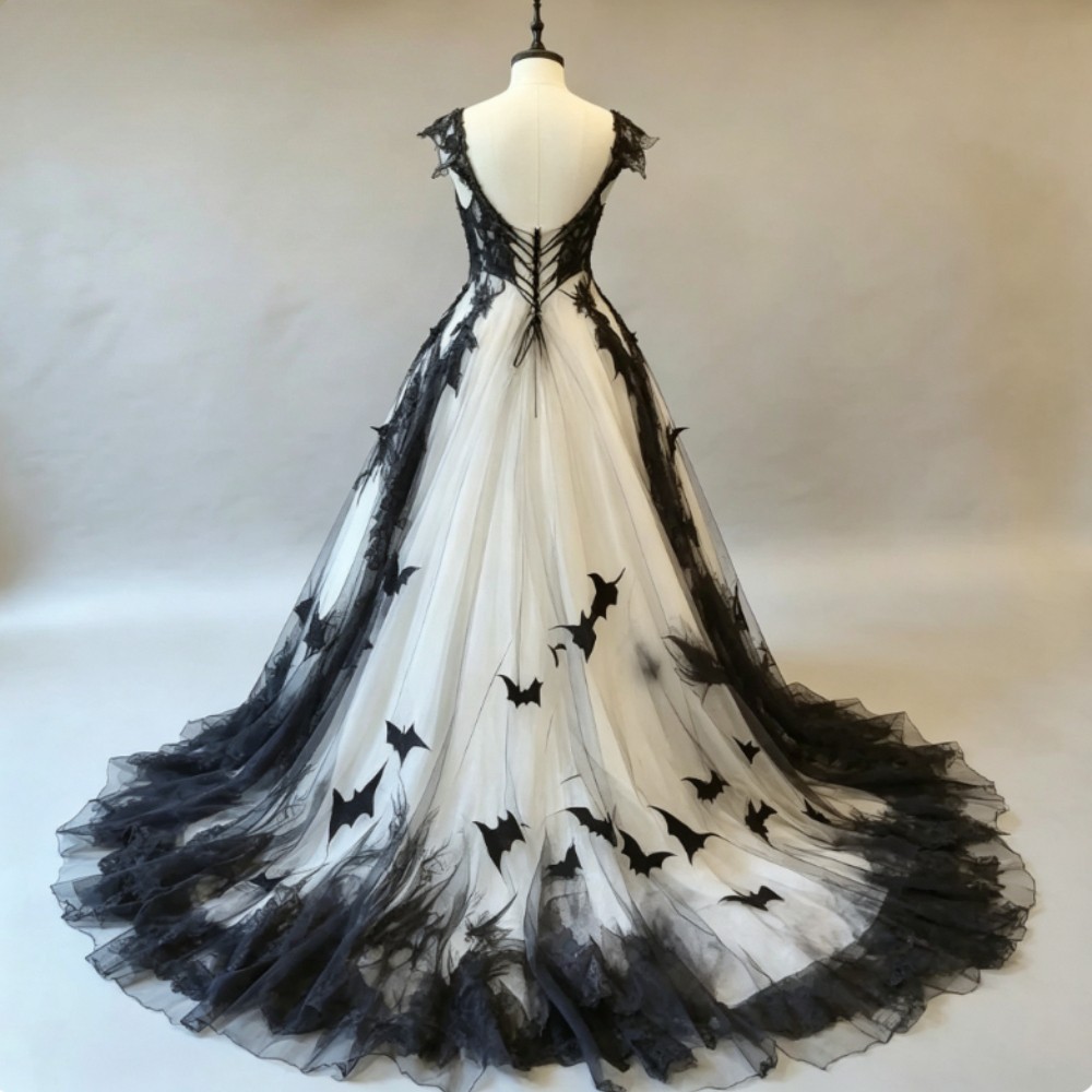 Gothic Black White Wedding Dresses Sleeveless Backless Lace Applique Bridal Gown
