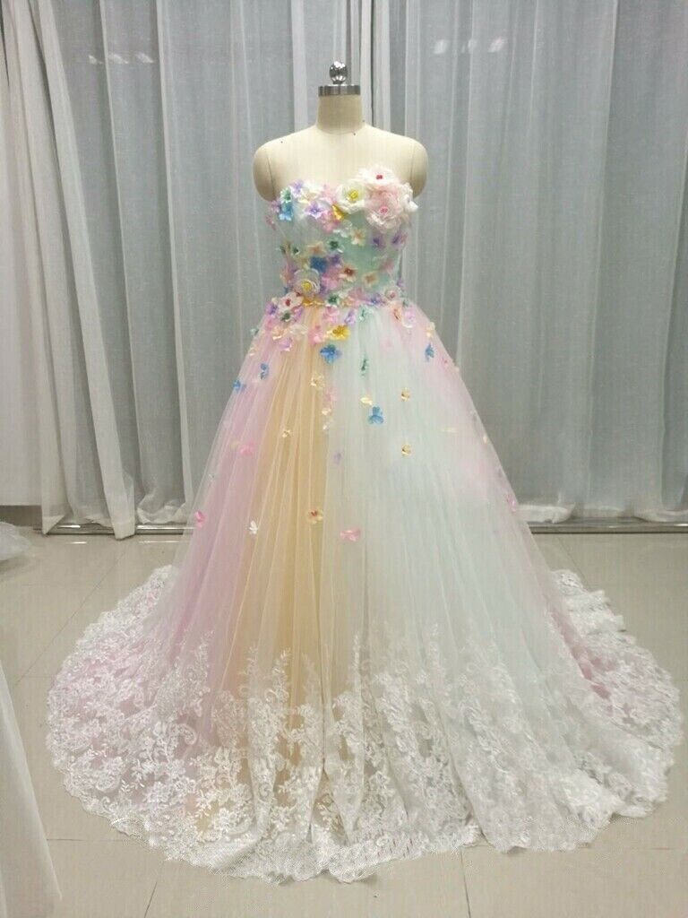 3D Flowers Rainbow Wedding Dresses Strapless Lace Edge Bridal Gown A-Line Custom