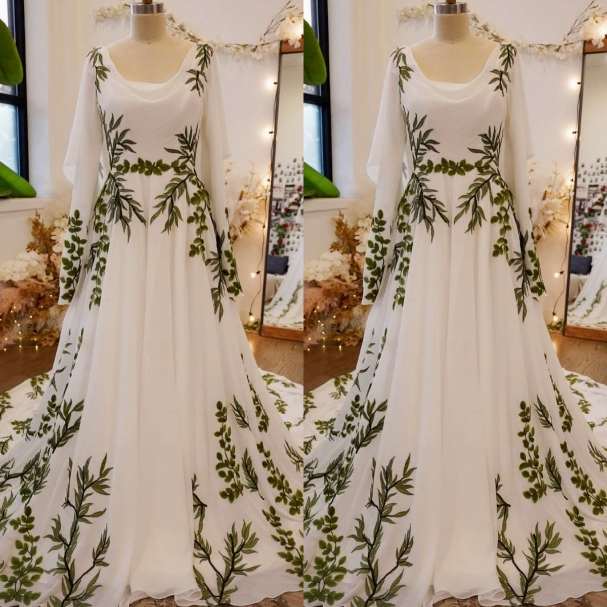 Forest Style Wedding Dresses Chiffon Green Lace Long Sleeves White Bridal Gowns
