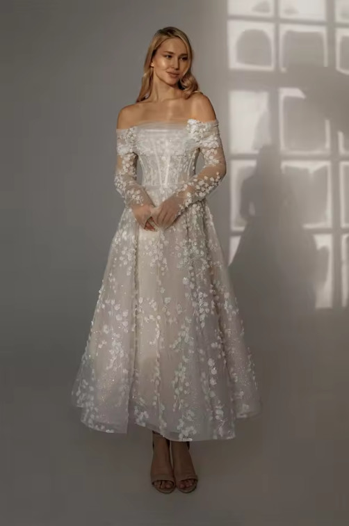 Lace Flowers Detachable Long Sleeves Wedding Dress Ankle-Length Glitter vestidos
