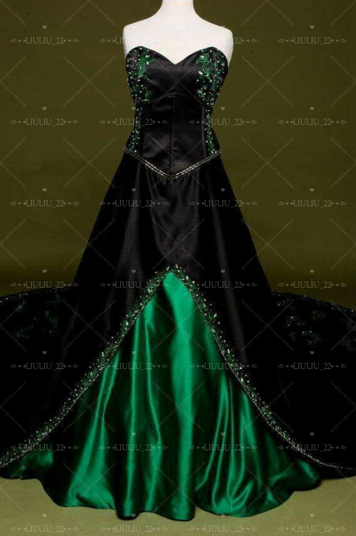Gothic Black and Green Satin Wedding Dresses Sweetheart Embroidery Bridal Gowns