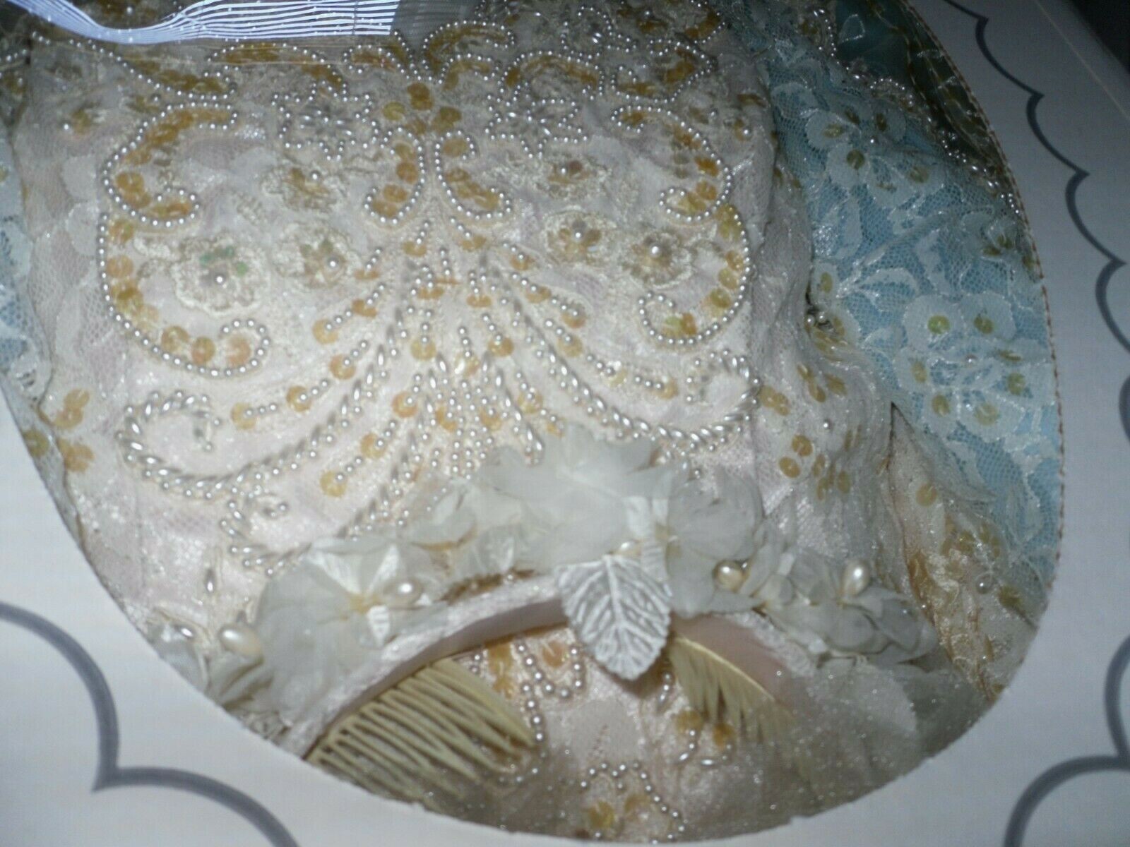White With Pink, Lace & Beaded Long Sleeve Satin Wedding Dress From the 90’s