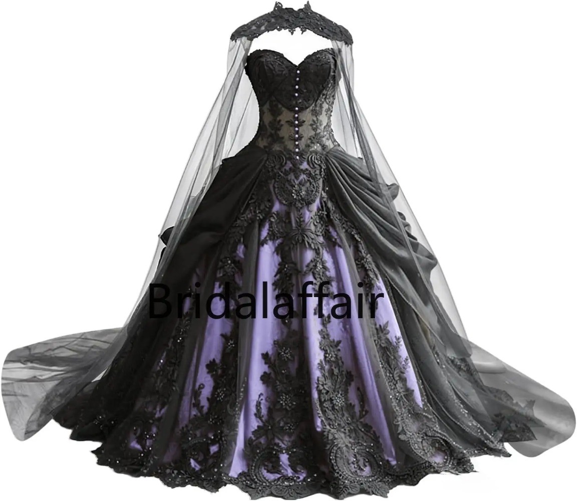 Gothic Weeding Dresses Lace Applique Bridal Dresses Tiered Tulle with Cape