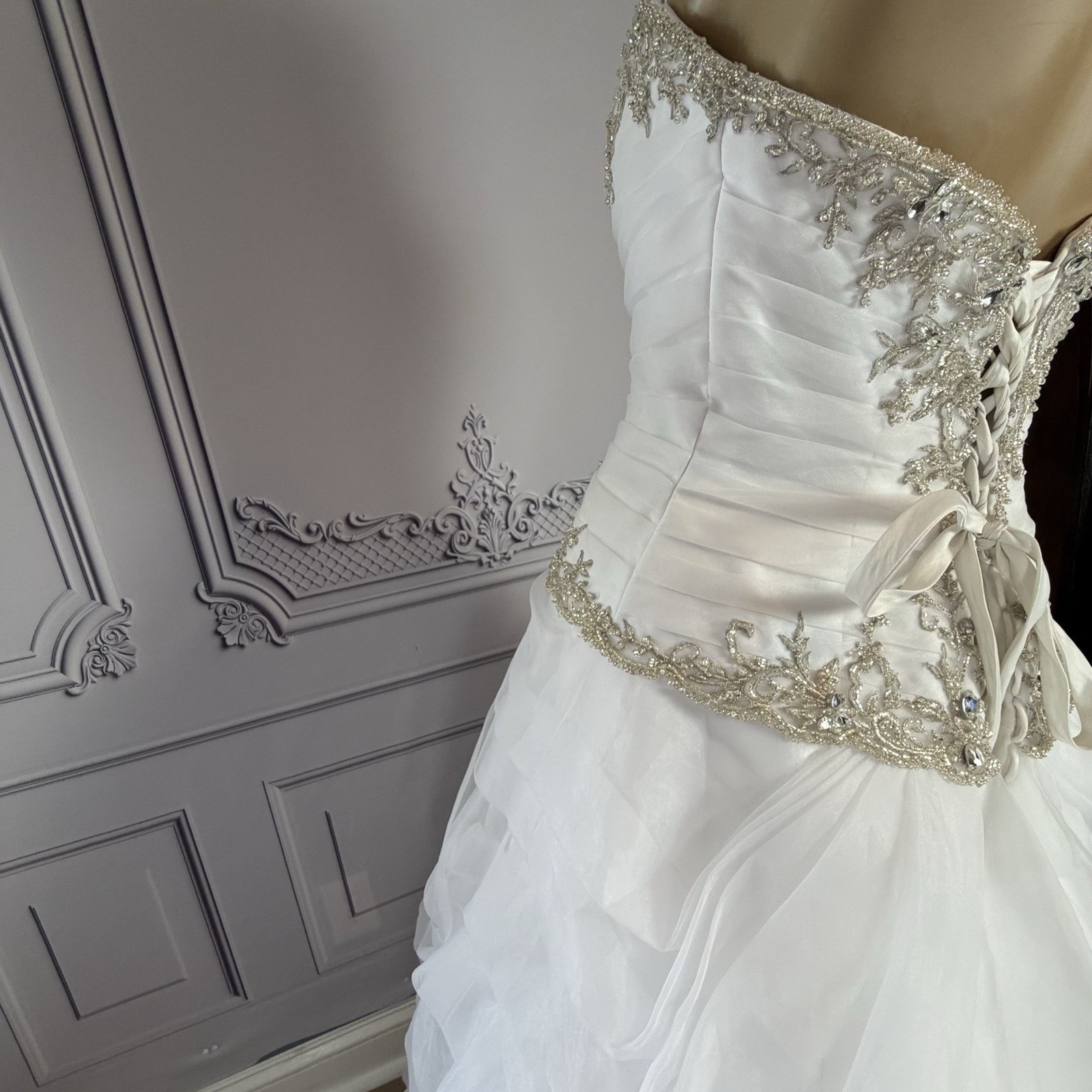 La Joli Mode Strapless White Wedding Gown With Gold Beaded Embellishment Size 10