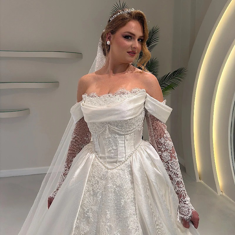 Graceful A Line Wedding Dress For Women Off Shoulder Long Sleeves Bridal Gowns