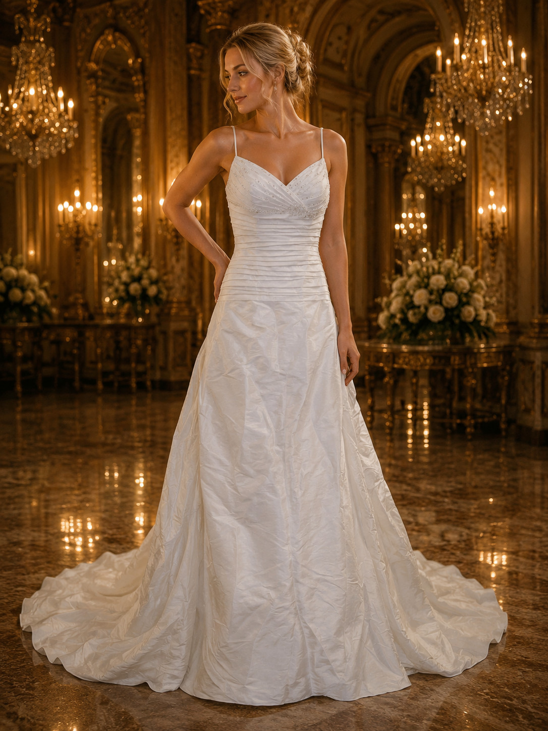 Casablanca Wedding Dress Ball Gown 10-14 White Satin Straps Beaded Elegant
