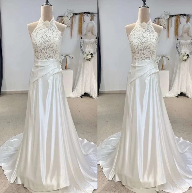 Satin Wedding Dresses Halter Neck Sweep Train Ruching Lace Applique Bridal Gown