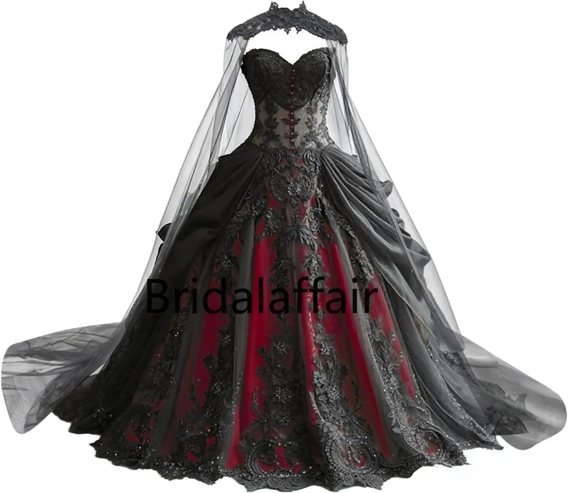Gothic Weeding Dresses Lace Applique Bridal Dresses Tiered Tulle with Cape