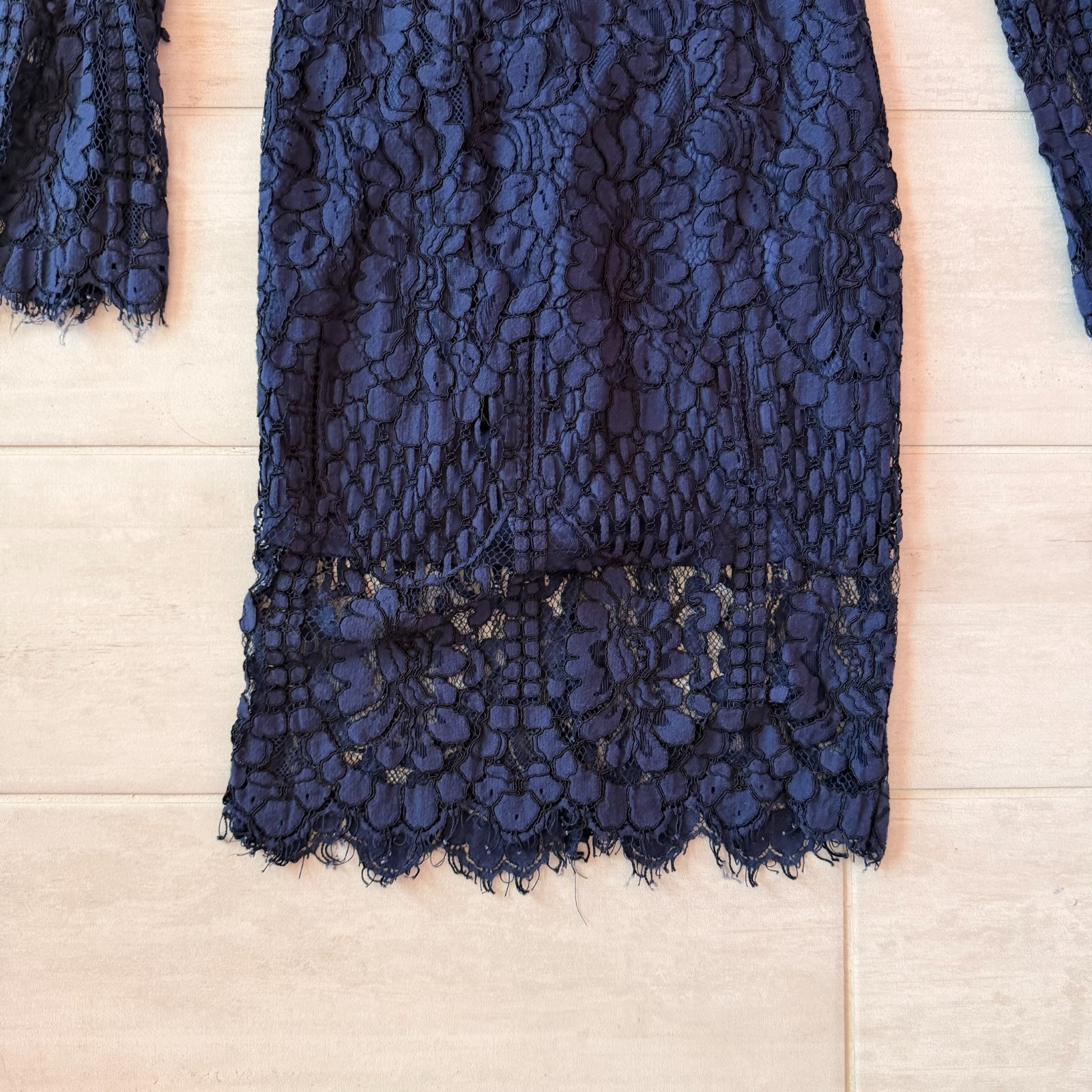 Lulu’s Elegance Navy Blue Lace Long Sleeve Midi Dress Illusion Neckline Small