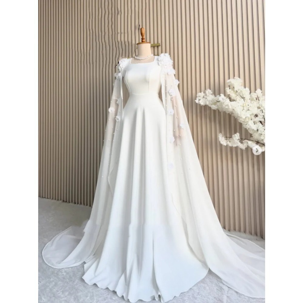 Muslim Chiffon Wedding Dress 3D Floral Pearl Cape Sleeve Bridal Gown With Train