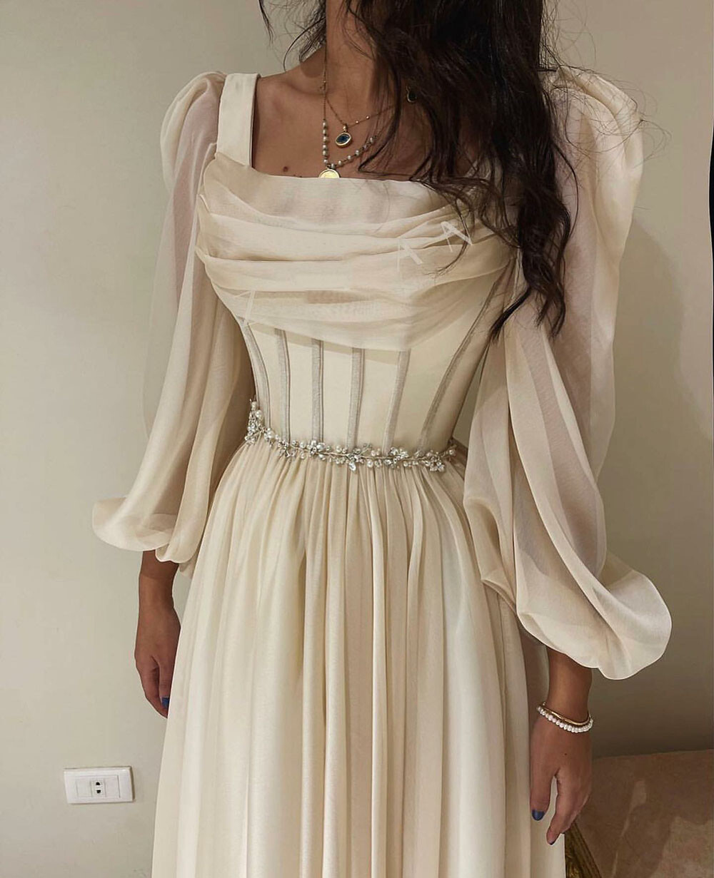 Arabia Chiffon Wedding Dresses Short Tea Length Beaded Long Sleeves Bridal Gowns