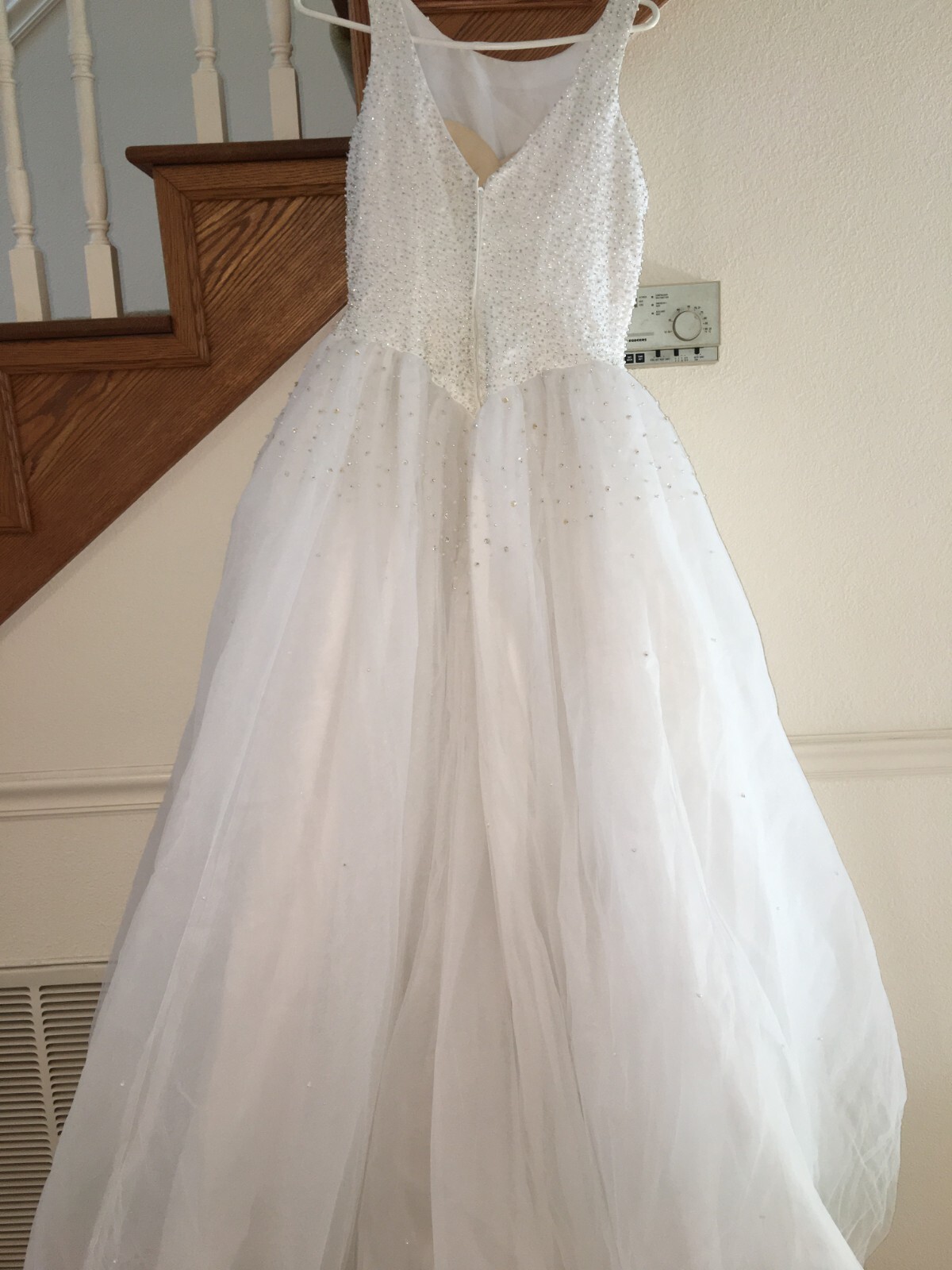 WOMEN WHITE SILVER BEADED Wedding Dress TRAIN PRINCESS TULLE Size S M 36″ STAINS