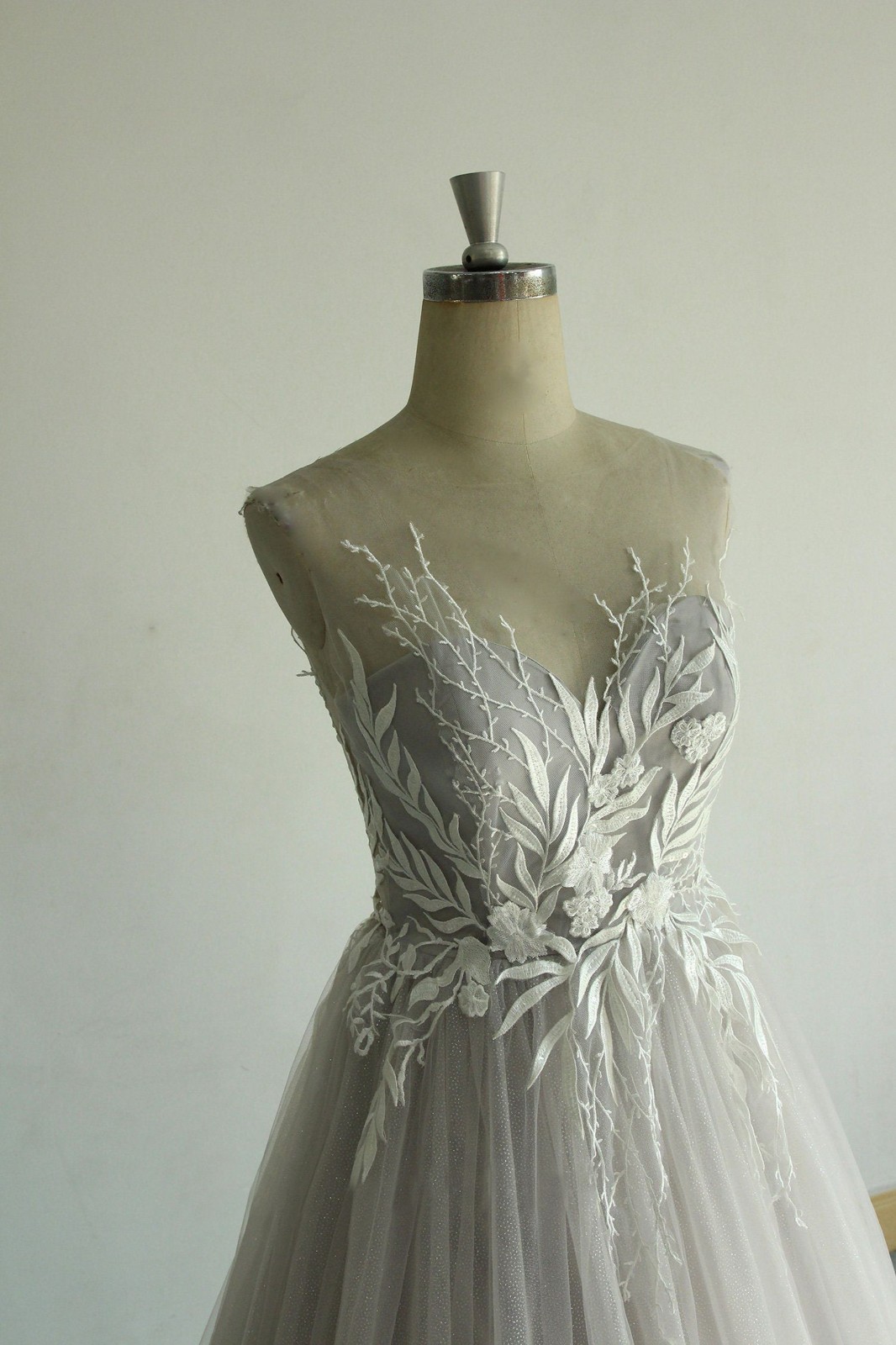 Silver grey glitter leaf lace wedding dress wedding dress 32-60 straps n.measurement