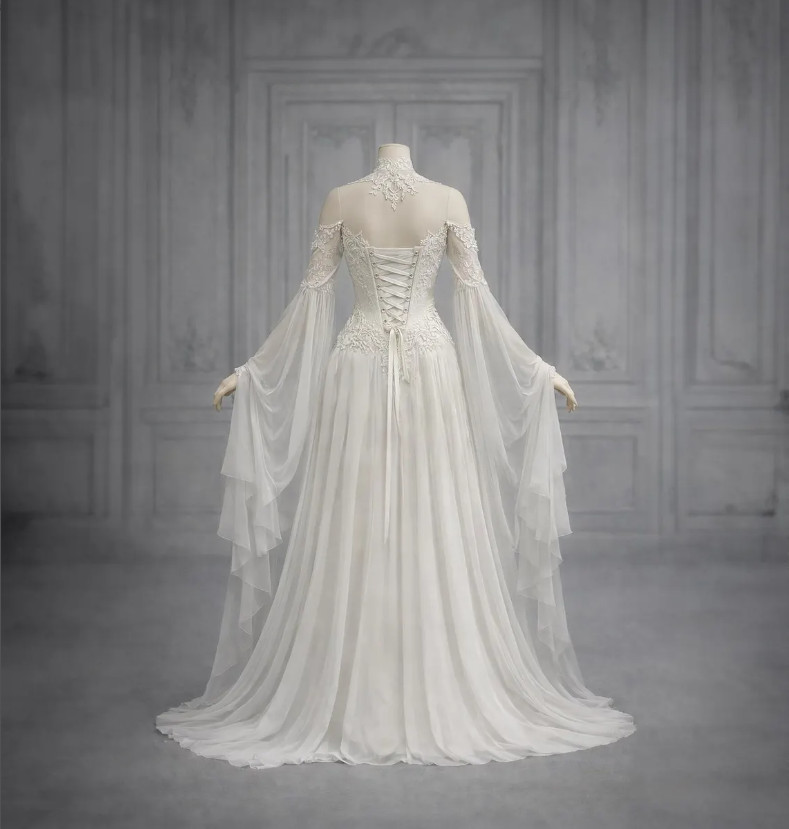 Gothic Fairy High Neck Lace Wedding Dress Cold Shoulder Flared Bell Sleeve