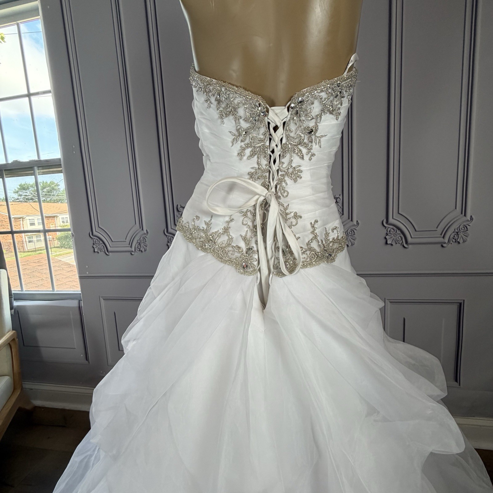 La Joli Mode Strapless White Wedding Gown With Gold Beaded Embellishment Size 10