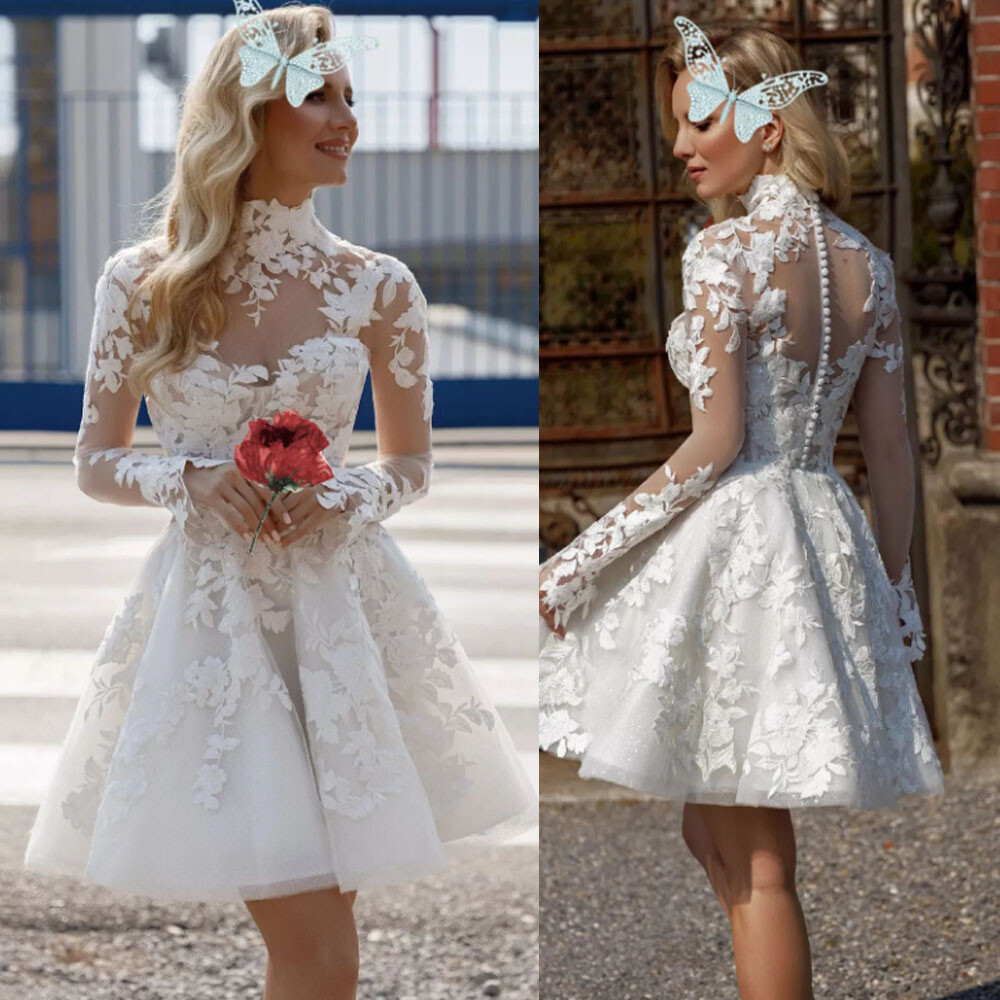 Short Wedding Dresses Bridal Gowns A-Line Tulle High Neck Long Sleeve Applique