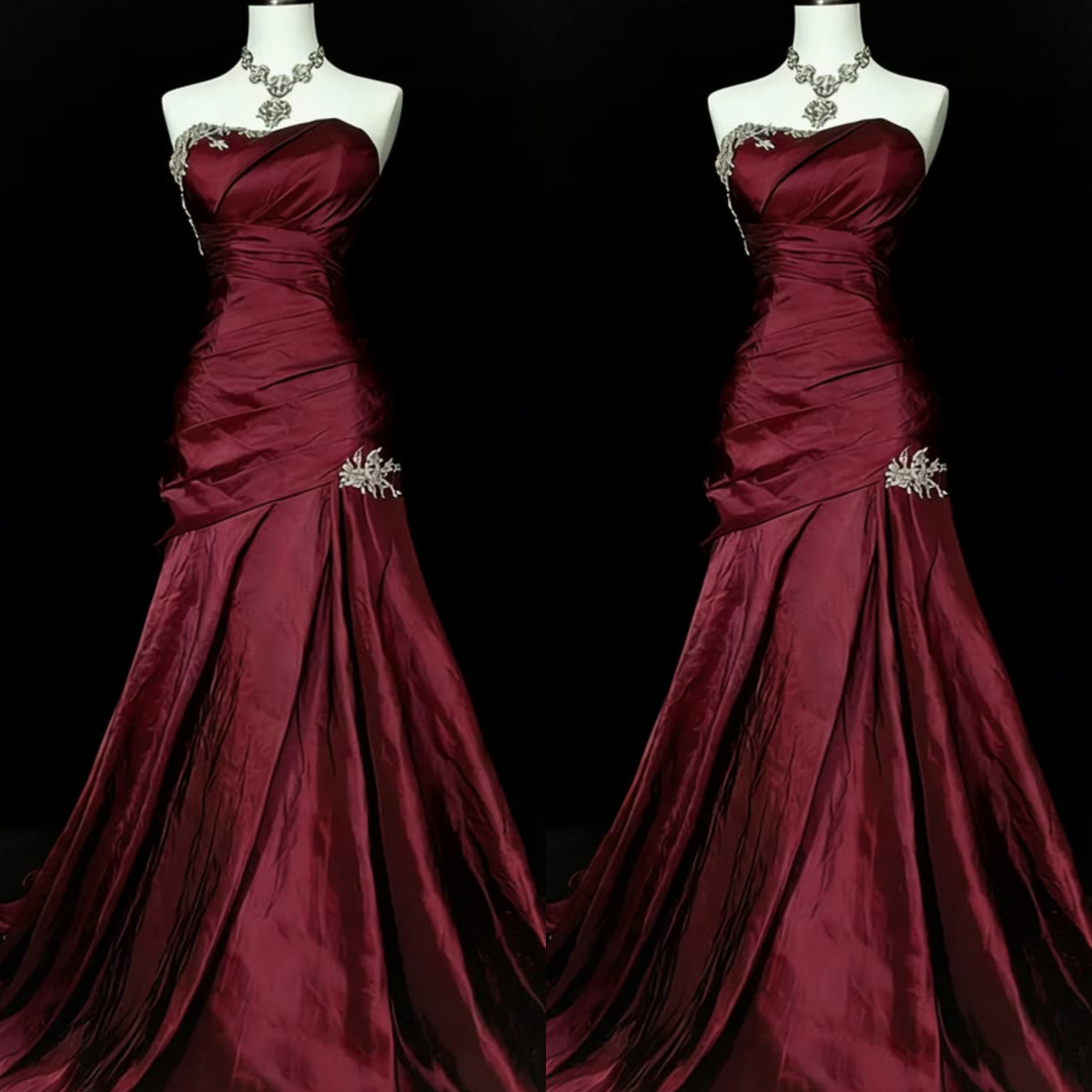 Burgundy Vintage Wedding Dresses Taffeta Mermaid Satin Lace up Bridal Gowns