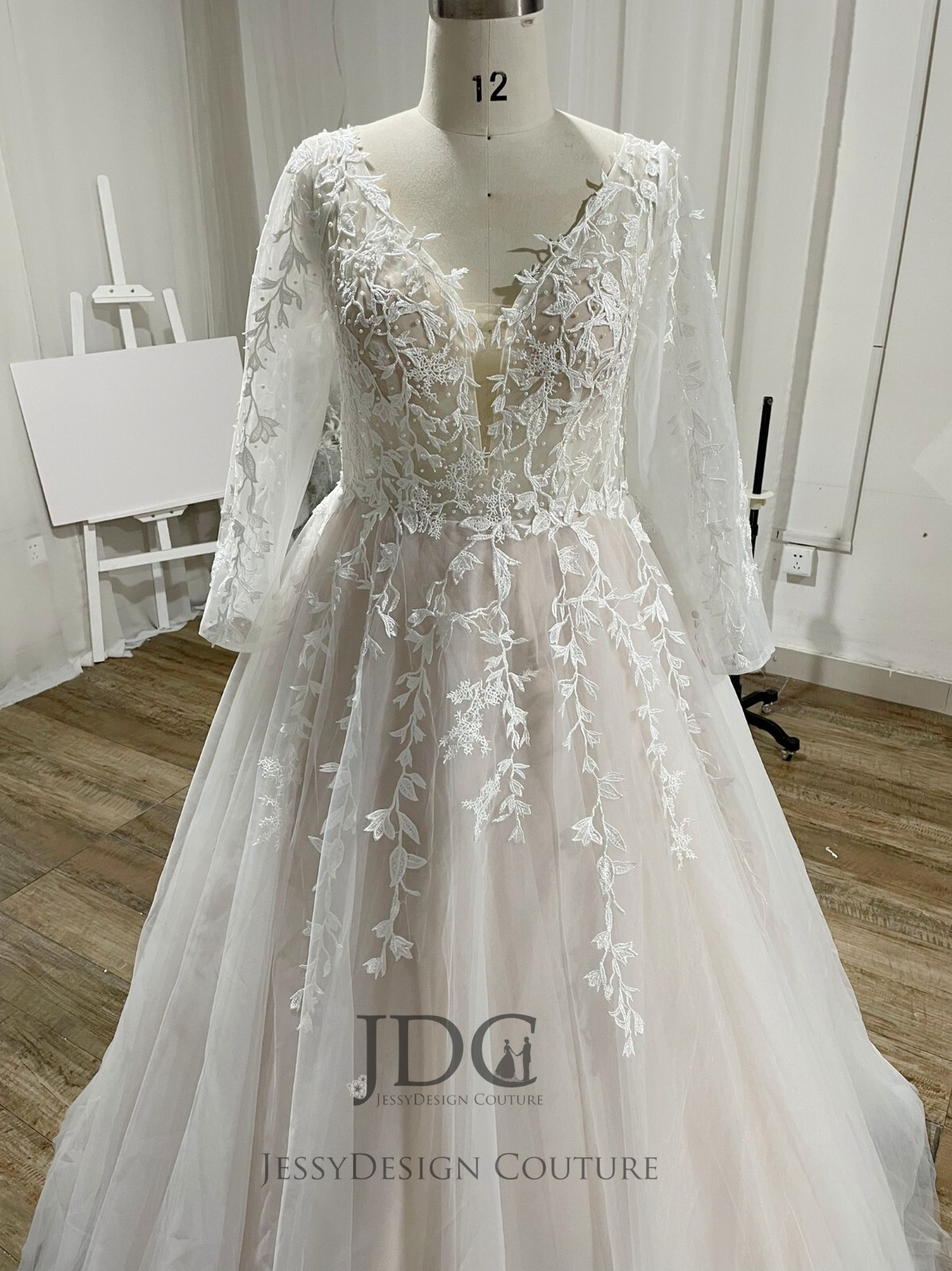 Classic Lace Wedding Dress Bridal Gown Custom made 2-28W Blush Pearls Sleeves