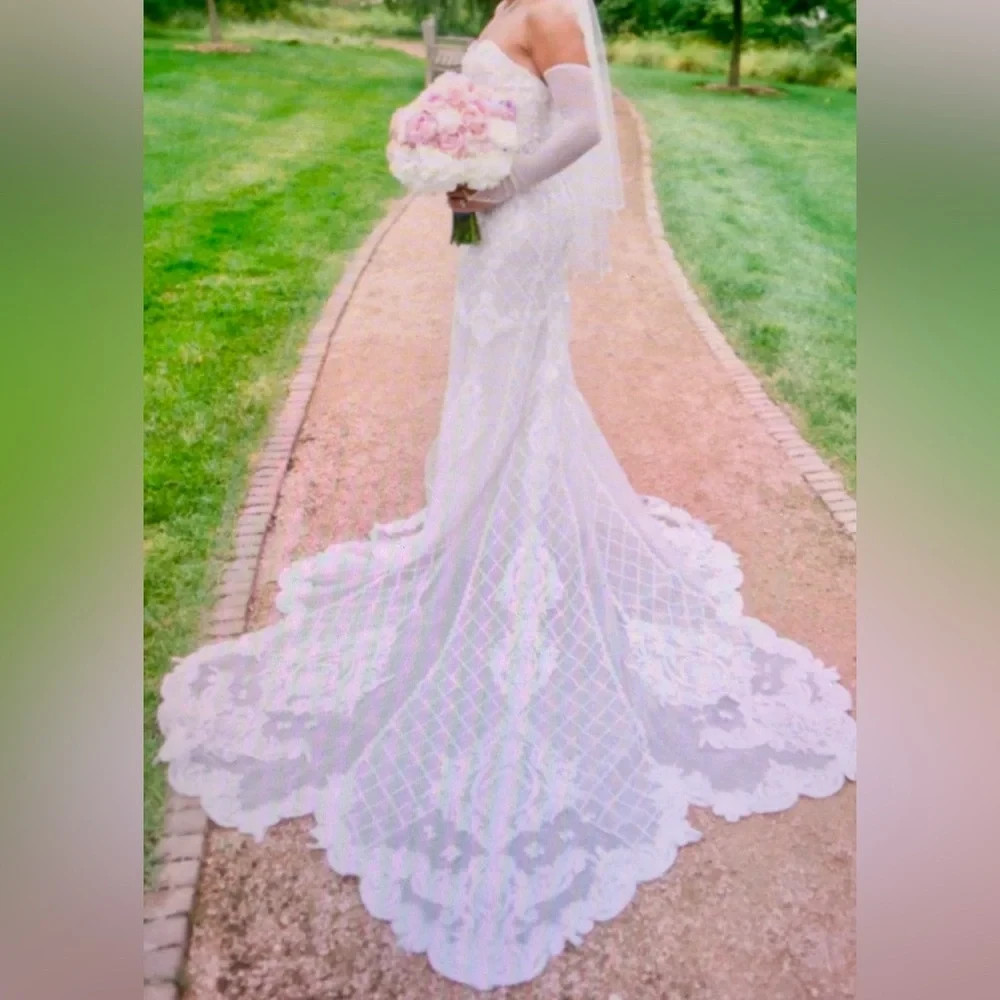 Oleg Cassini CWG878 Wedding Dress Size 12 Ivory Champagne Lace Mermaid NWT