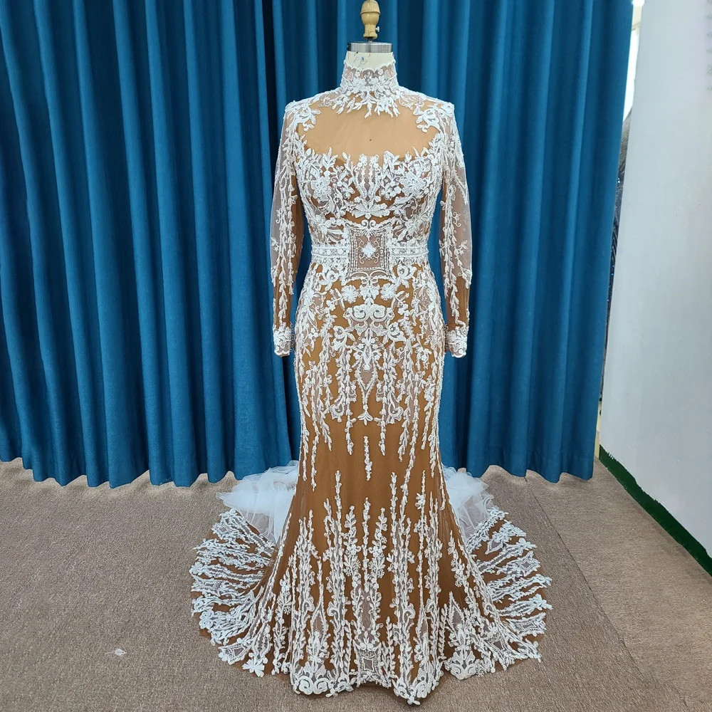 Modern Retro Long Sleeved High Neck Lace Fshtail Wedding Sequin Bead Embroidery