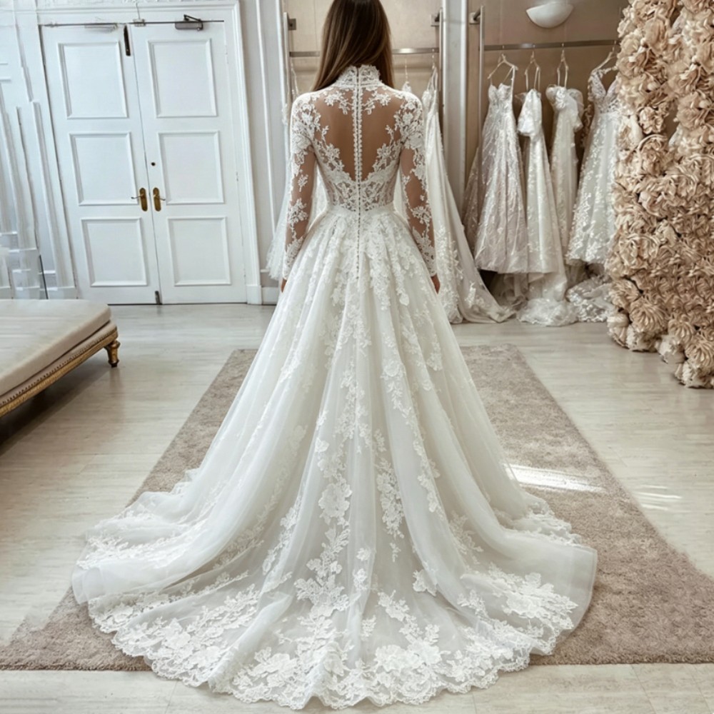 Lace Appliques High Neck Wedding Dresses Long SleevePrincess A Line Bridal Gown