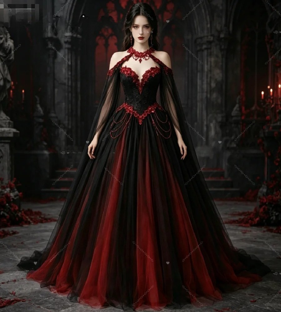 Black Purple Gothic Wedding Dresses Floral Lace Appliques Sheer Tulle Dark Gowns