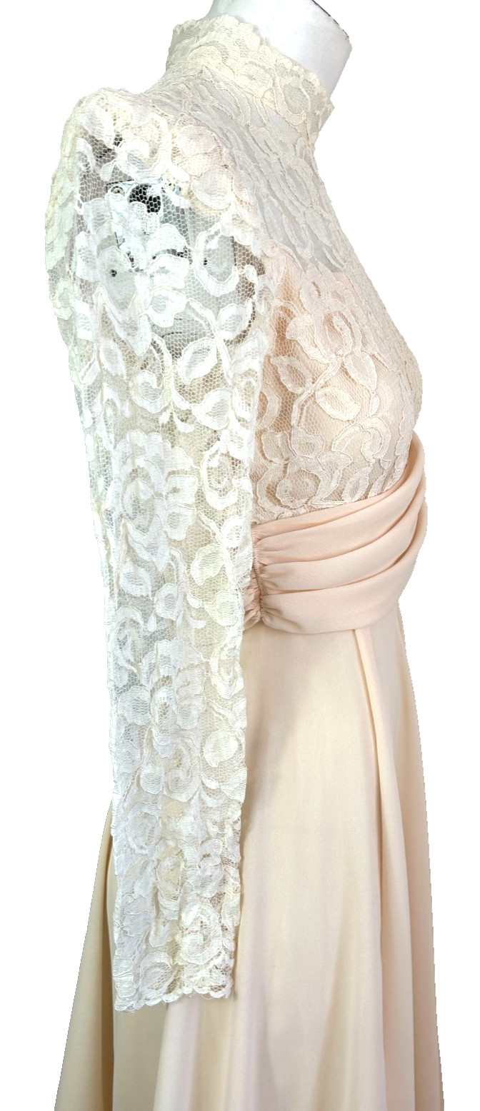 80s Ursula Switzerland Wedding Dress Size 4 Midi Peach Lace Top Chiffon VGUC