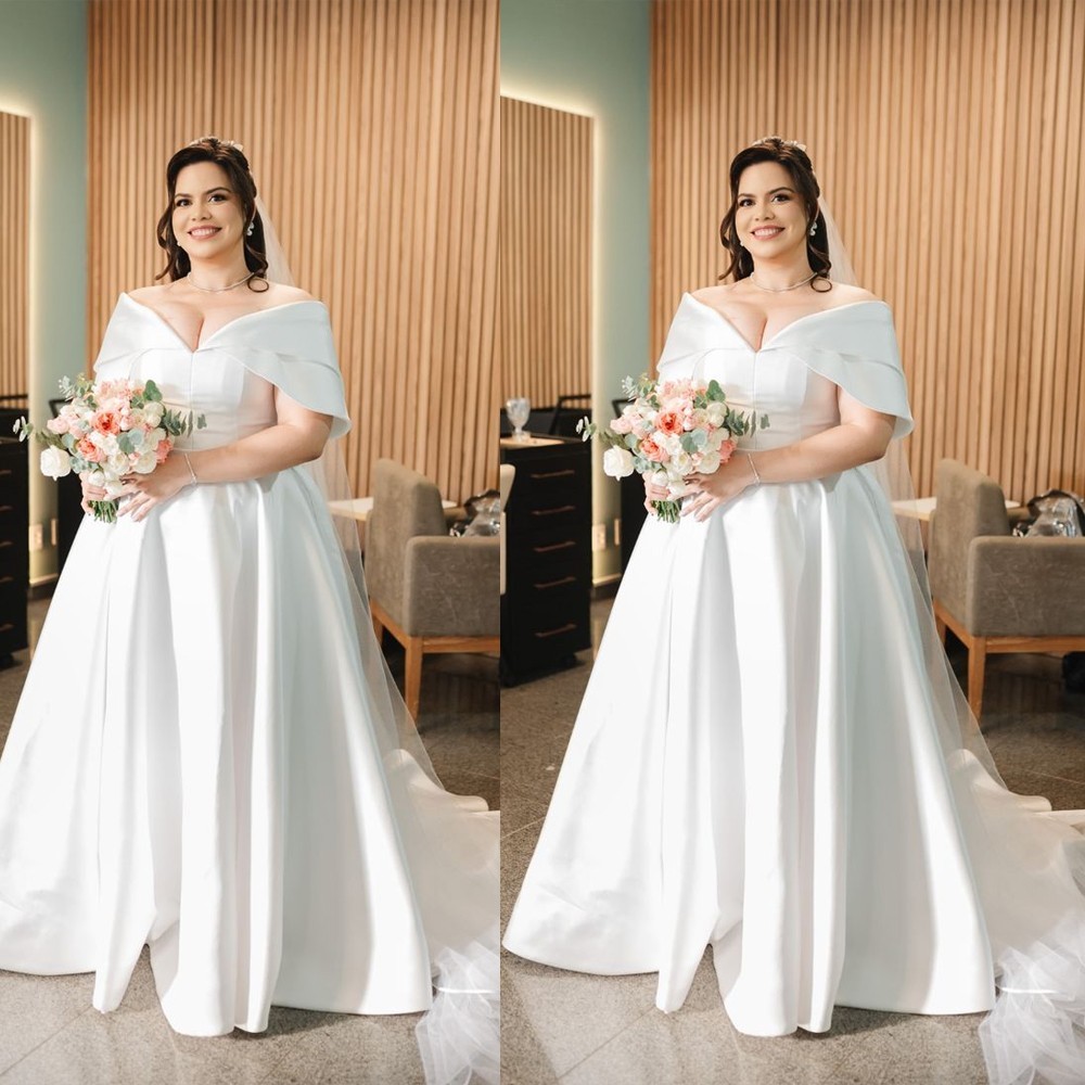 Elegant Stain Wedding Dresses Deep V Neck Off The Shoulder A Line Bridal Gowns