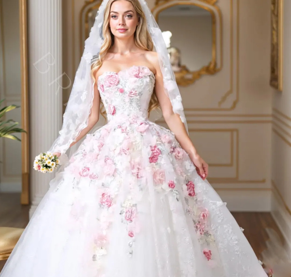 Princess White Ivory Wedding Dresses with Pink Florals Sweetheart Lace Bridal