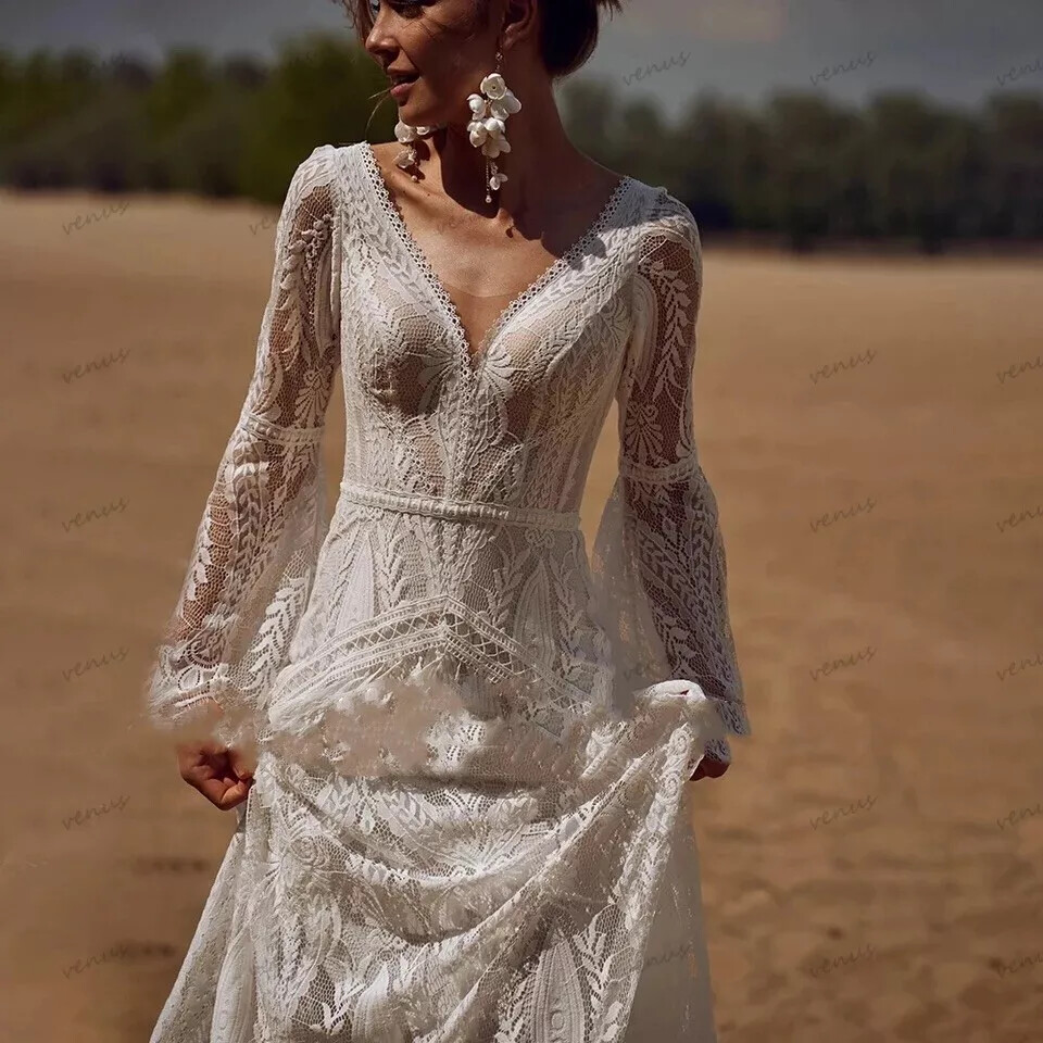 Boho V Neck Wedding Dress Long Sleeves Lace Off-Back A-Line Train Bridal Gown=-=