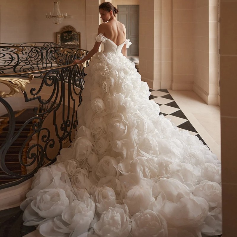 Organza Wedding Dress Off The Shoulder V Neck Pleat Flowers Arabic Bridal Gown