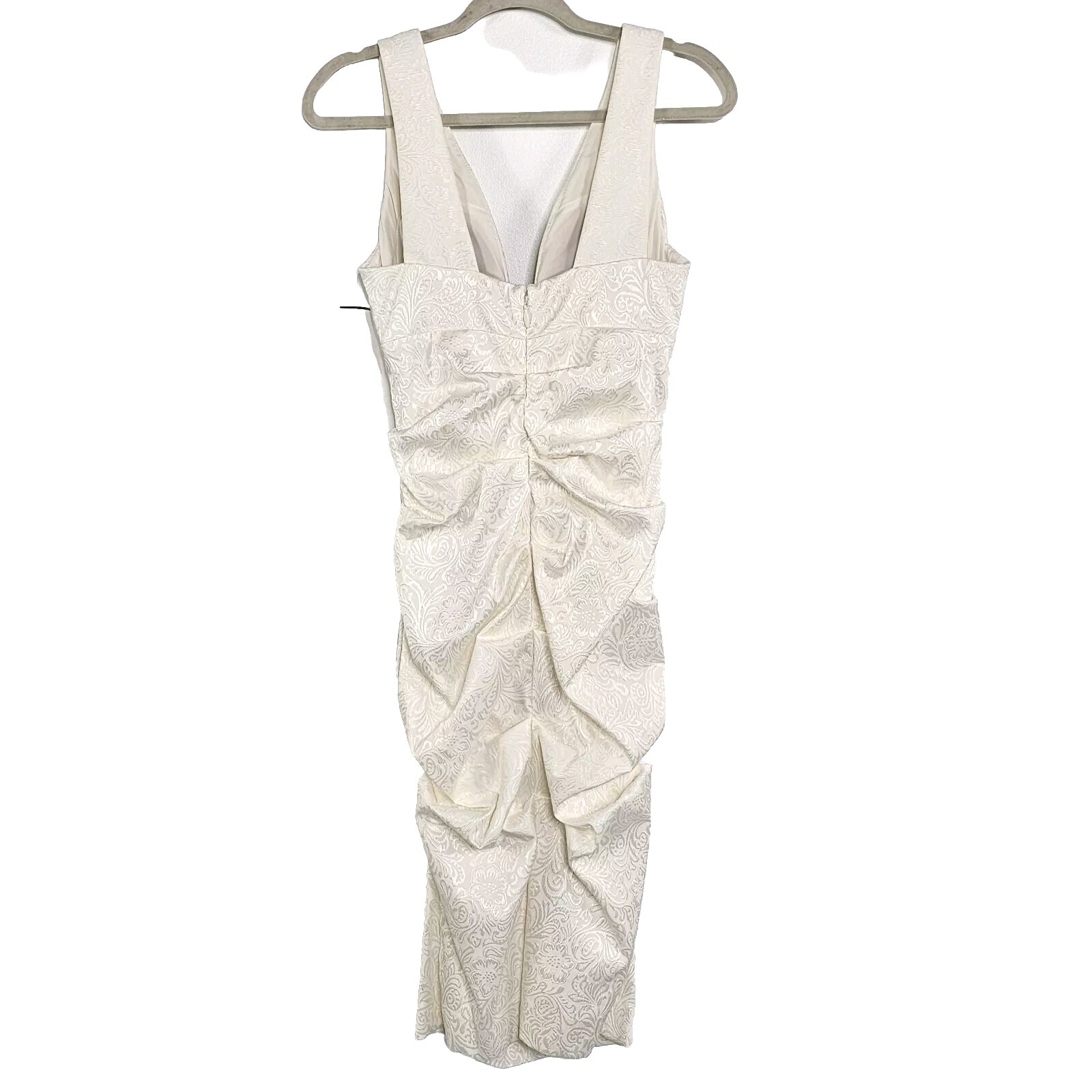 Nicole Miller Womens Jacquard Plunge Bodycon Midi Dress 8 Ivory Ruched Romantic