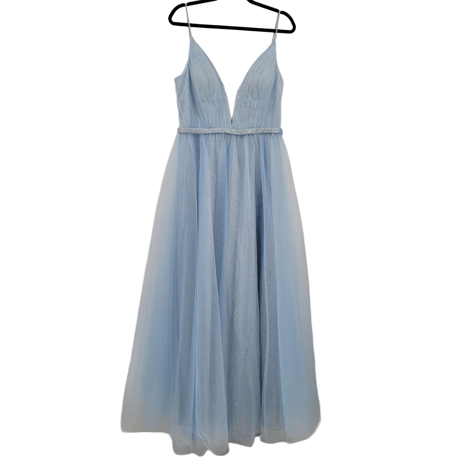 Mac Duggal Gown 10 Ice Blue Sparkle Mesh Plunging V Full Tulle Elsa Princess