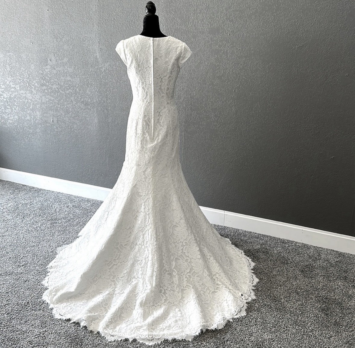 Carrafina Ivory Lace Mermaid Cap Sleeve Scoop Neck Wedding Dress Size 12