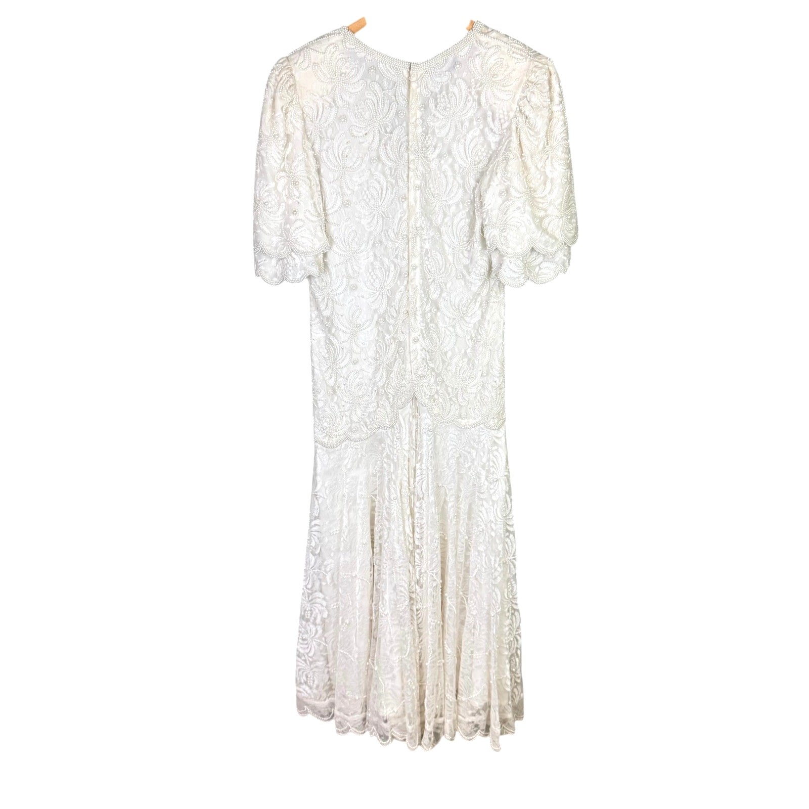 Vintage Laurence Kazar Sz 12 Full Length Pearl Beaded Lacy V Neck Wedding Dress