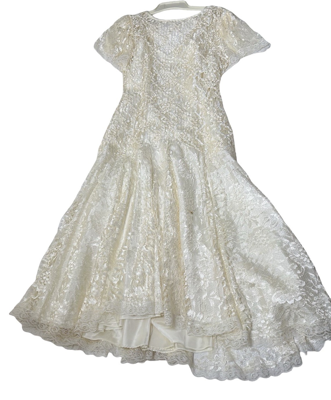 VTG Wedding Dress Sz 11/12 Lace Ivory Drop Waist Tea Length Flutter Sleeve READ