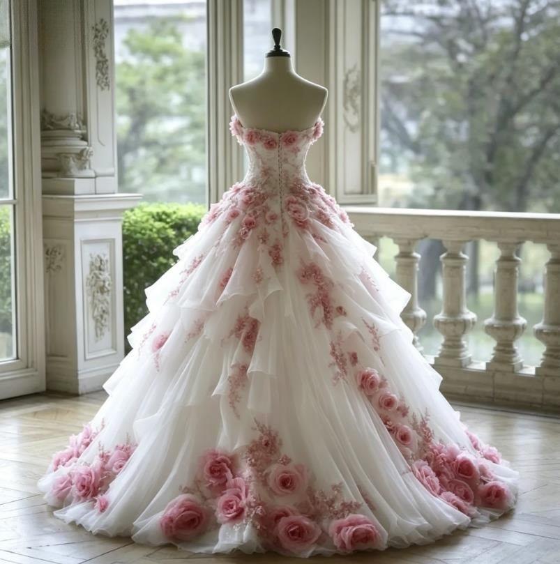 White And Pink A-Line Wedding Dresses With Pink 3D Flowers Appliques Lace
