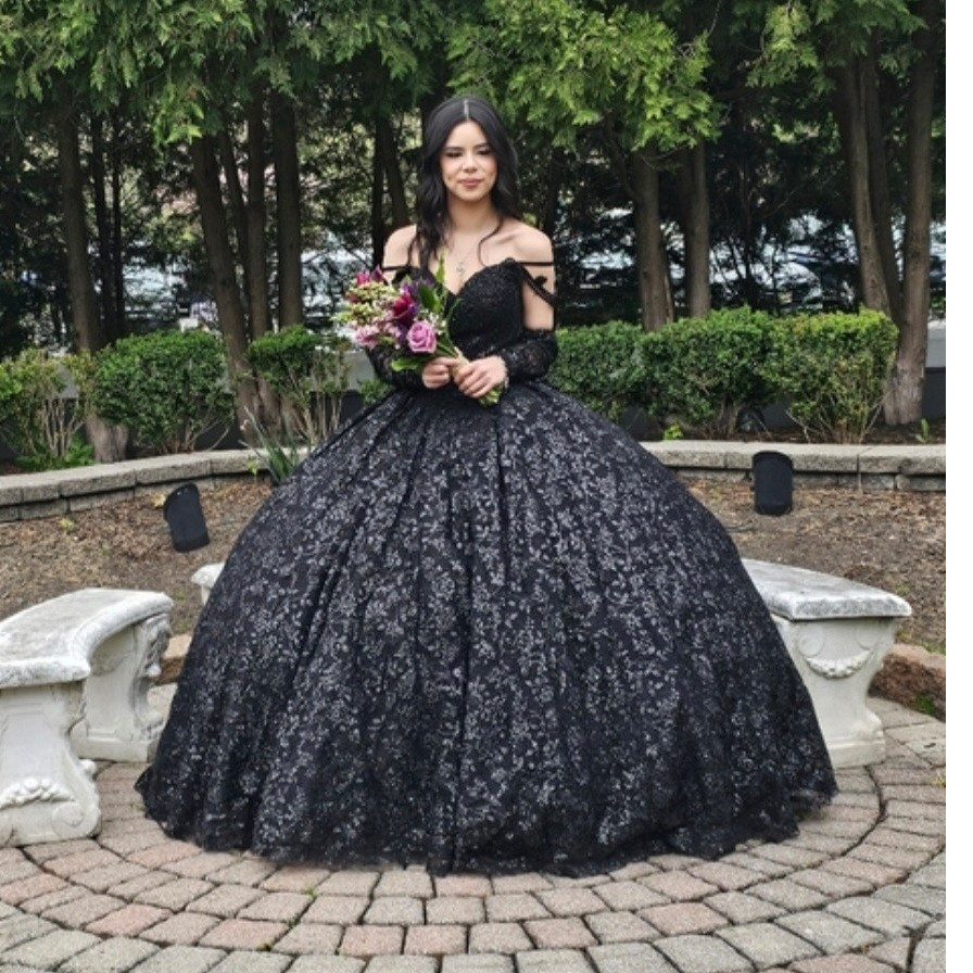 Black Lace Ball Gown Wedding Dress Off-Shoulder Long Sleeve Corset Full-Length