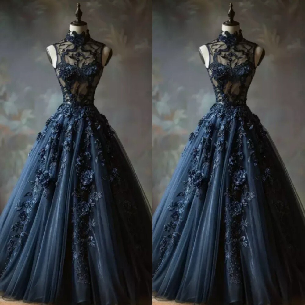 Gothic Navy Wedding Dresses Halter Off Shoulder 3D Flowers A Line Bridal Gowns//