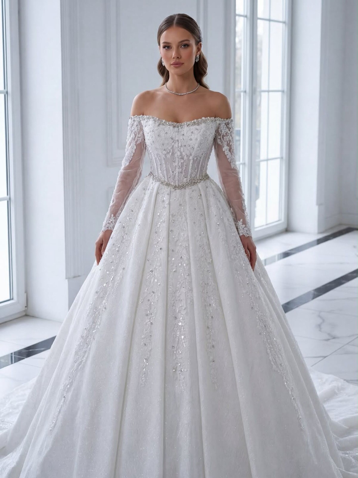 Luxurious Lace Wedding Dress 32-60 Long Sleeve Ivory Crystals Tailored