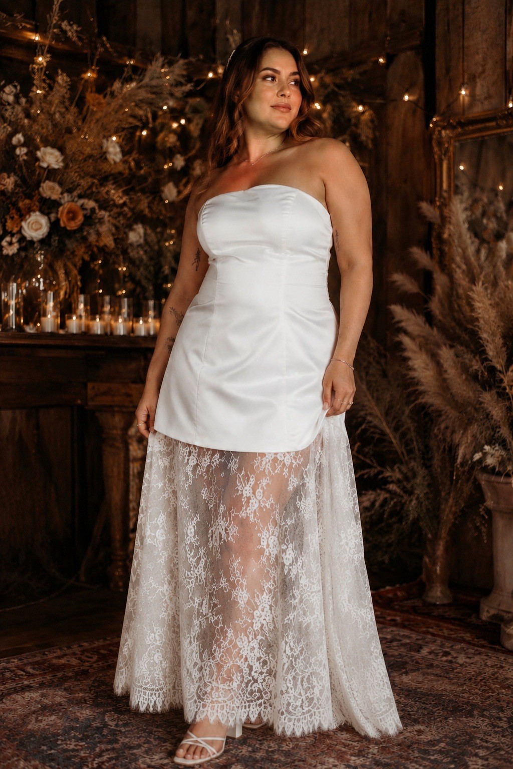 Lulus Winslet Maxi Dress Sz Large White Satin Bridal Sheer Lace Boho Wedding