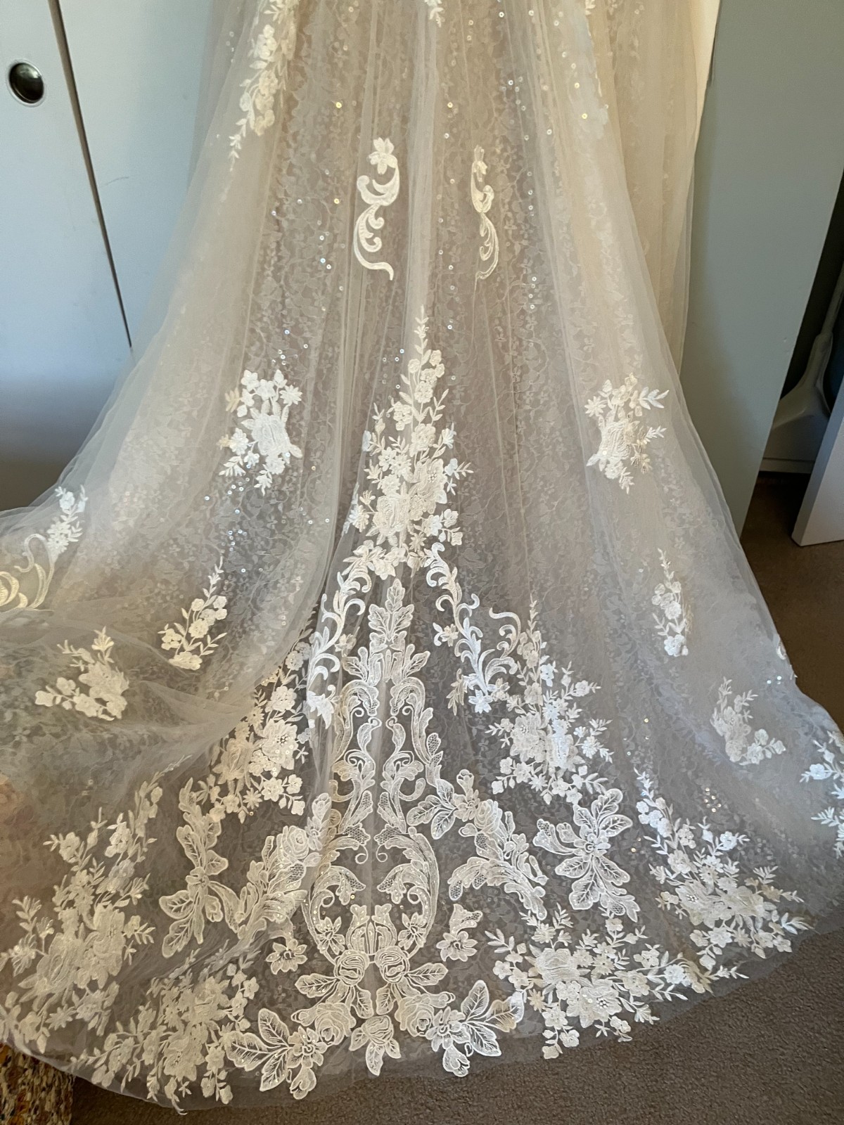 Designer Gown, Kleinfelds, $3,200. Martina Liana, Lace, pearls, Never worn.