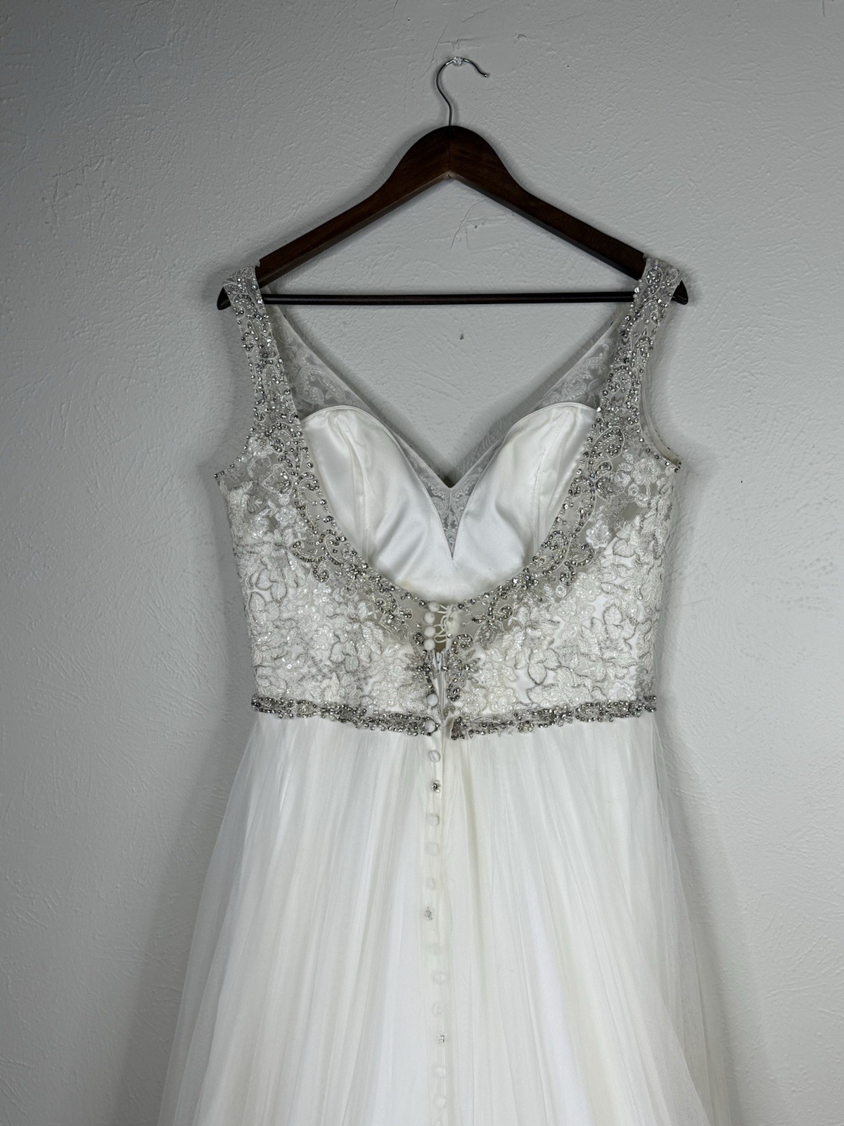 Allure Bridal Beaded Crystal Buttons Wedding Dress Ivory Silver 14 9373 Train