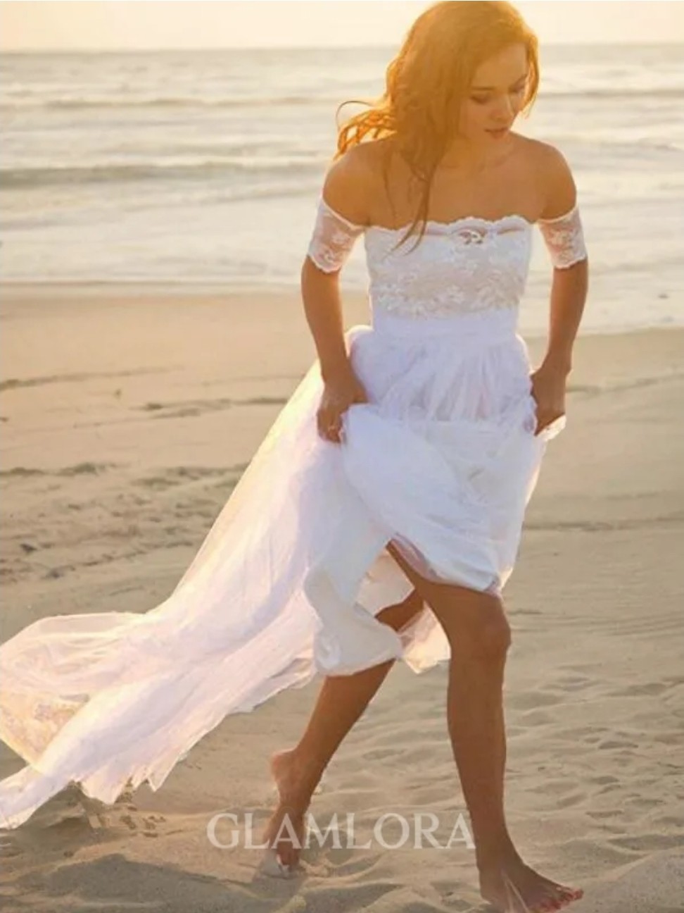 White Lace Off-Shoulder Portrait Short Sleeve A-Line Beach Wedding Dress Train
