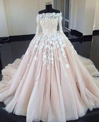 Blush Off Shoulder 3D Floral Tulle Ball Gown Long Sleeve Wedding Dresses