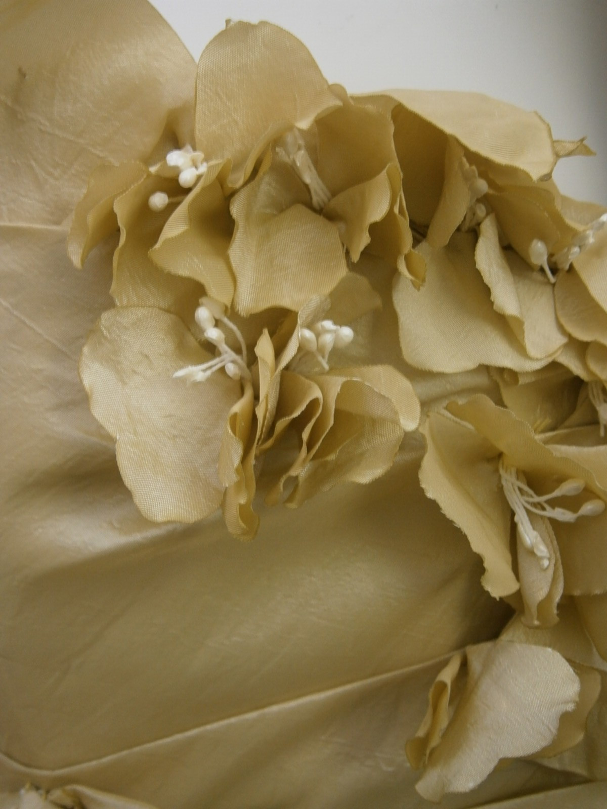 Gold Satin Wedding Dress Strapless Ruching Side Drape & Dangles Pearl Buttons